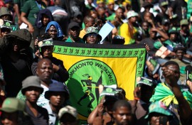 Supporters of the uMkhonto weSizwe (MK) Party at Orlando Stadium in Soweto on May 18, 2024.