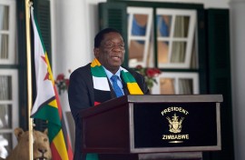 File: President of Zimbabwe Emmerson Mnangagwa looks on as he addresses a press conference at State House in Harare.