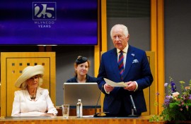 Britain's King Charles III delivers a speech during a visit to the Senedd. AFP/Pool