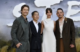 Actor Glen Powell, director Lee Isaac Chung, actors Daisy Edgar-Jones and Anthony Ramos attend Universal's "Twisters" premiere. AFP/Valerie Macon