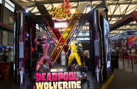 A general view of the Deadpool and Wolverine figures is being displayed at the Marvel studio booth during the Chinajoy games fair in Shanghai. Ying Tang/NurPhoto via AFP