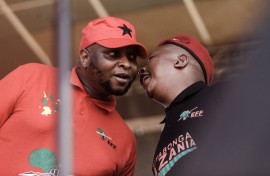 File: Economic Freedom Fighters (EFF) leader Julius Malema (R) talks with EFF Deputy President Floyd Shivambu.