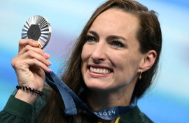 Silver medallist South Africa's Tatjana Smith poses with her medal after the women's 200m breastsroke swimming event during the Paris 2024 Olympic Games at the Paris La Defense Arena in Nanterre, west of Paris, on August 1, 2024.
