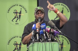 File: Former deputy president of Economic Freedom Fighters (EFF) party and new uMkhonto weSizwe (MK) party national organiser Floyd Shivambu speaks during a press conference in Sandton, Johannesburg on August 22, 2024. 