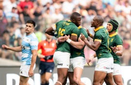 Fullback Aphelele Fassi celebrates his try with teammates during the rugby union Championship match between Argentina's Pumas and South Africa's Springboks. AFP/Geronimo Uranga