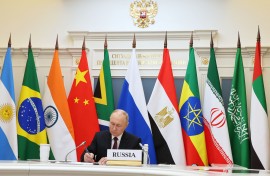 Russia's President Vladimir Putin attending a virtual summit of the BRICS group of nations. AFP/Pool