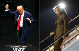 File: This combination of pictures created on October 01, 2024 shows, L-R, Former US President and Republican presidential candidate Donald Trump and Democratic presidential candidate Kamala Harris.
