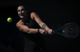 Belarus's Aryna Sabalenka hits a return to Madison Keys of US during their women’s singles match at the China Open tennis tournament. AFP/Wang Zhao
