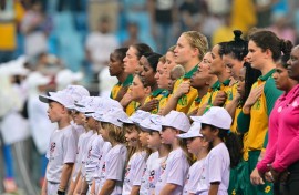 The Proteas women before the start of the ICC Women's T20 World Cup cricket final match. AFP/Giuseppe Cacace