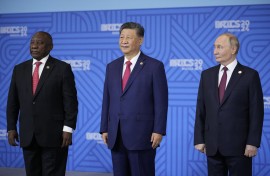 File: South African President Cyril Ramaphosa, Chinese President Xi Jinping and Russian President Vladimir Putin pose for a family photo during the BRICS summit in Kazan on October 23, 2024.
