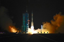 A long March-2F carrier rocket carrying the Shenzhou-19 spacecraft and crew of three astronauts lifts off from the Jiuquan Satellite Launch Center. AFP/Adek Berry