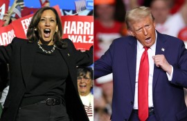 This combination of pictures created on November 04, 2024 shows US Vice President and Democratic presidential candidate Kamala Harris (R) walks on stage as she arrives for a campaign rally at the Carrie Blast Furnaces National Historic Landmark outside Pittsburgh, in Rankin, Pennsylvania on November 4, 2024, and former US President and Republican presidential candidate Donald Trump dances on stage after speaking at a campaign rally at PPG Paints Arena in Pittsburgh, Pennsylvania on November 4, 2024.
