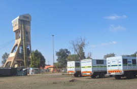 Police trucks at the mine in Orkney. eNCA/Bafedile Moerane