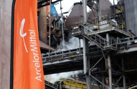 A banner with the logo of ArcelorMittal. AFP/Kurt Desplenter/BELGA