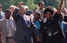 File: Nelson Mandela greets a cheering crowd upon his release from the Victor Verster prison near Paarl. AFP/Alexander Joe