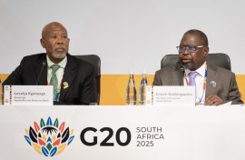 Minister of Finance Enoch Godongwana (R) and Governor of the South African Reserve Bank Lesetja Kganyago address the closing press conference of the G20 Finance and Central Bank Deputies and Ministerial Meeting. AFP/Rodger Bosch