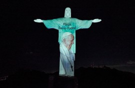 A picture of Pope Francis projected on the Christ the Redeemer statue in Rio de Janeiro, Brazil. AFP/Sanctuary of Christ the Redeemer