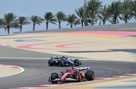 Ferrari's Charles Leclerc and Mercedes' Andrea Kimi Antonelli drive on the third day of the Formula One pre-season testing at the Bahrain International Circuit. AFP/Giuseppe Cacace