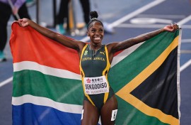 Prudence Sekgodiso celebrates in the women’s 800m final during the World Athletics Indoor Championships in Nanjing. AFP/Wang Zhao