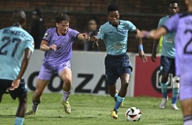 Gabriel Amato of Cape Town City FC challenges Tlakusani Mthethwa of Richiards Bay FC. BackpagePix/Gerhard Duraan