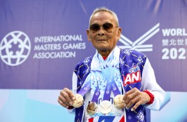 Thailand's Sawang Janpram, the oldest competitor at the 2025 World Masters Games at 105 years old. I-Hwa Cheng/AFP
