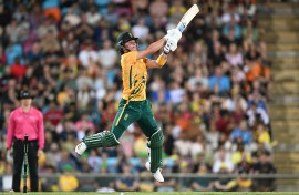 South Africa's batsman Dewald Brevis plays a shot during the second Twenty20 international cricket match between Australia and South Africa in Darwin on August 12, 2025.