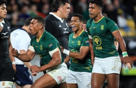 Damian Willemse celebrates his try during the Rugby Championship Test match between New Zealand and South Africa. AFP/Grant Down