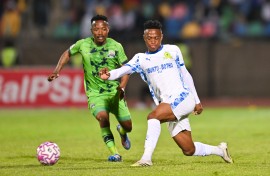 Kutlwano Letlhaku of Mamelodi Sundowns challenged by Monde Mphambaniso of Mauro Gallants. BackpagePix/Alche Greeff