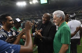 Sports and Culture Minister Gayton McKenzie and Bafana Bafana coach Hugo Broos. BackpagePix/Sydney Maghlangu