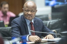 Suspended Police Minister Senzo Mchunu at the Parliamentary Ad Hoc Committee inquiry. Gallo Images/Brenton Geach