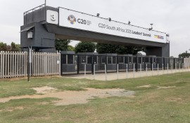A general view of the G20 logo at a entrance of the NASREC Expo Centre in Johannesburg