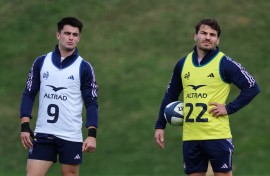 France's scrum-half Nolann Le Garrec and France's scrum-half Antoine Dupont