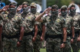 Members of the South African Police Service (SAPS) Special Task Force salute during the Integrated Law Enforcement parade near the Nasrec Expo Centre in Johannesburg, on November 19, 2025.