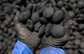 A worker holds coal pebbles in his hands. AFP/Joris Bolomey