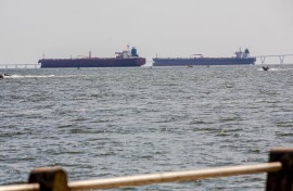 Two crude oil tankers remain anchored on Lake Maracaibo, near Maracaibo, Zulia state, Venezuela. AFP/Alejandro Paredes