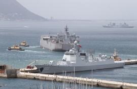 A general view of (L-R) the Chinese guided-missile destroyer Tangshan (Hull 122), the Iranian navy ship, the IRIS Makran 441, Chinese comprehensive supply ship Taihu (Hull 889) in the Simon's Town harbour, near Cape Town, on January 8, 2026.