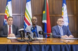 File: DA Federal Leader John Steenhuisen, Solly Malatsi and Dion George.  Gallo Images/Die Burger/Jaco Marais