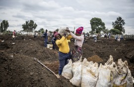 A woman grimaces as she is helped to load a sack of soil on her shoulder in a patch of land where artisanal miners look for gold outside Springs, Ekurhuleni, on February 15, 2026.
