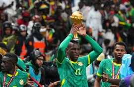 Nicolas Jackson of Senegal celebrates after the AFCON final between Morocco and Senegal. Ulrik Pedersen/NurPhoto via AFP