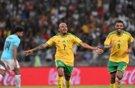 Oswin Appollis celebrates a goal for Bafana Bafana against Panama.