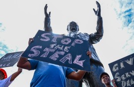 Protesters outside the unveiling of a statue at North Beach Precinct.Gallo Images/Darren Stewart