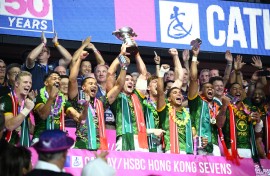 The South Africa men's team celebrate after winning the cup final match on the third day of the 2026 Rugby Sevens Hong Kong tournament. AFP/Peter Parks