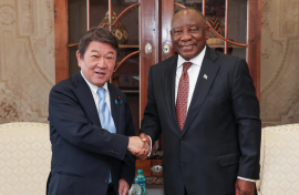 President Cyril Ramaphosa receives a courtesy call from the Minister of Foreign Affairs of Japan, His Excellency Toshimitsu Motegi, at Mahlamba Ndlopfu in Pretoria, Gauteng.
