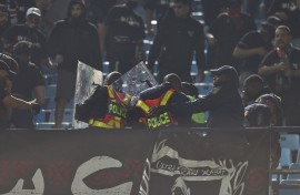  General View of fan being taken by Paramedics after falling during the TotalEnergies CAF Champions League, final 1st leg match between Mamelodi Sundowns and FAR Rabat at Loftus Versfeld Stadium on May 17, 2026 in Pretoria, South Africa. (Photo by Daniel Hlongwane/Gallo Images)