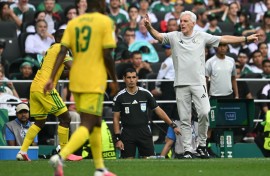Coach Hugo Broos gestures during the 2026 World Cup Group A football match between Mexico and South Africa. AFP/Yuri Cortez