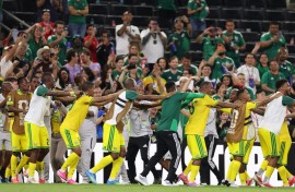 South African players celebrate the 1-0 victory in the 2026 World Cup Group A football match between South Africa and South Korea. AFP/Julio Cesar Aguilar