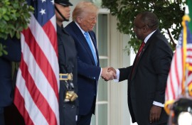  President Trump Meets With South African President Cyril Ramaphosa At The White House WASHINGTON, DC - MAY 21: U.S. President Donald Trump (L) greets President of South Africa Cyril Ramaphosa as he arrives to the White House on May 21, 2025 in Washington, DC. Relations between the two countries have been strained since Trump signed an executive order in February that claimed white South Africans are the victims of government land confiscation and race-based “genocide” while admitting some of those Afrikane