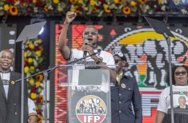 IFP leader Velenkosini Hlabisa addresses supporters during the 2026 local government election manifesto launch. AFP/Rajesh Jantilal