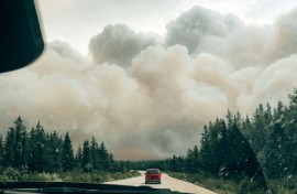 Wildfire smoke engulfing a forest in the northern zone of Canada's Quebec Province in mid July