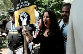 SAG-AFTRA President Fran Drescher joins picketers at New York City Hall as members of the actors' union continue to walk the picket line with screenwriters